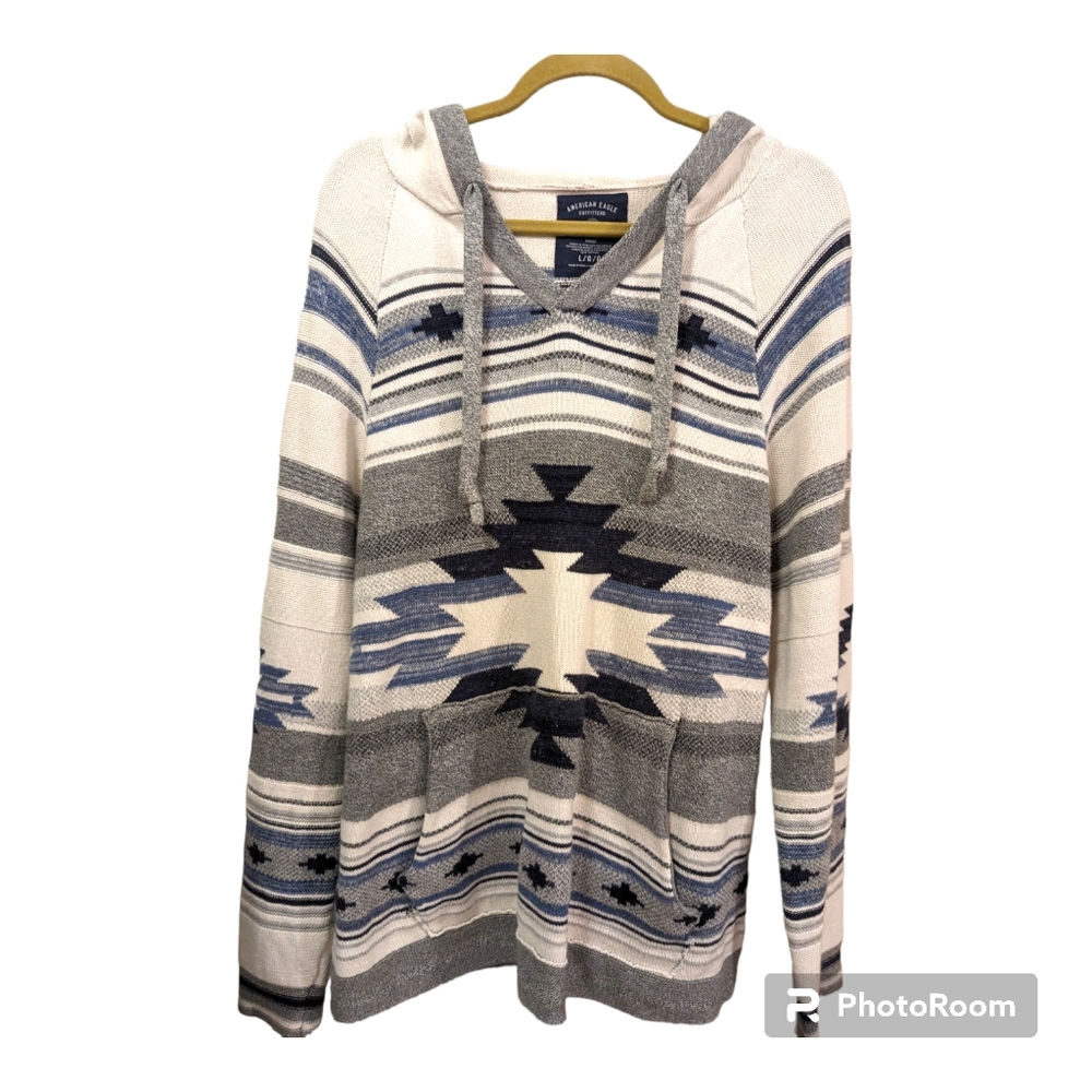 American Eagle Outfitters Mens Large Blue Gray Hoodie Sweater Aztec Southwestern